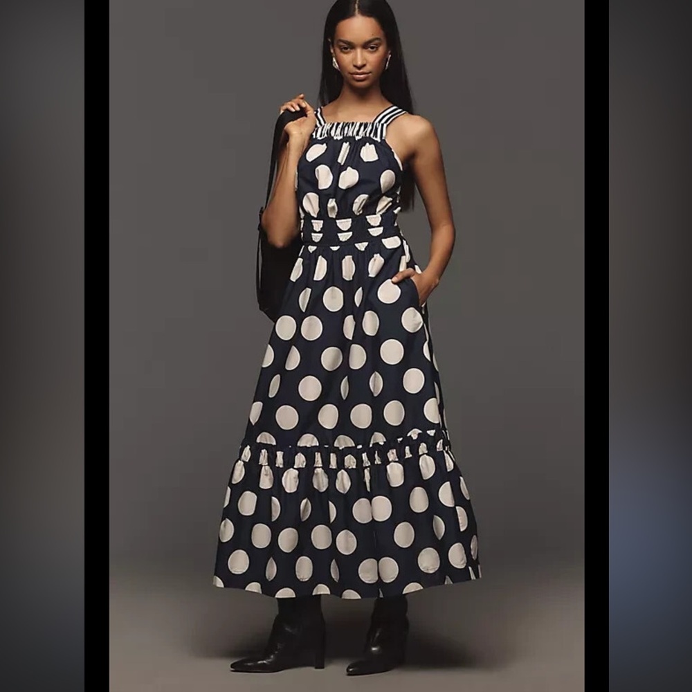 Anthropologie NWT Somerset Halter Maxi Dress Navy Polka Dot S